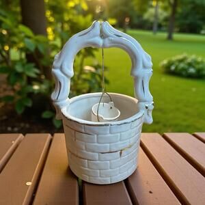 Ceramic Porcelain Wishing Well White With Gold Hand Painted Accents 5.5" Tall